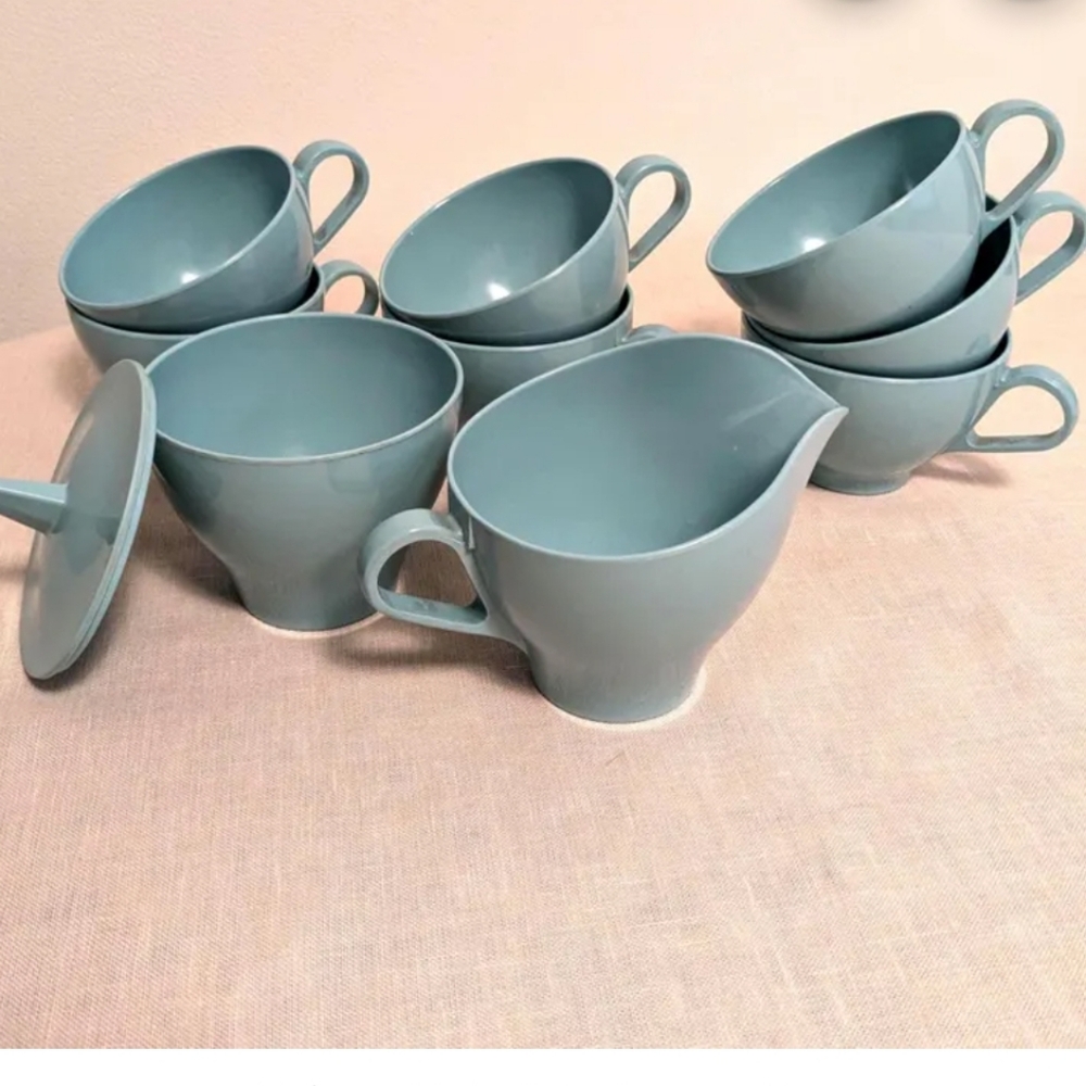 Coffee Set of 11, Melmac, Atomic Blue Vtg 60s MCM